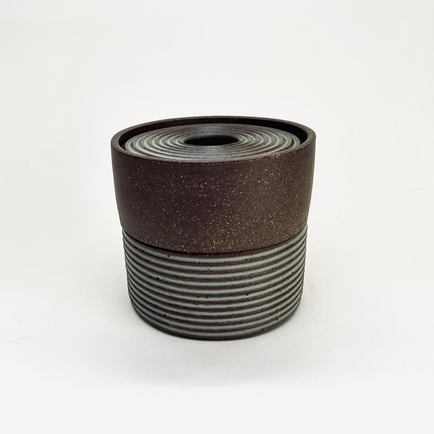 Two-Tiered Cylindrical Ribbed Lidded Container in Greige