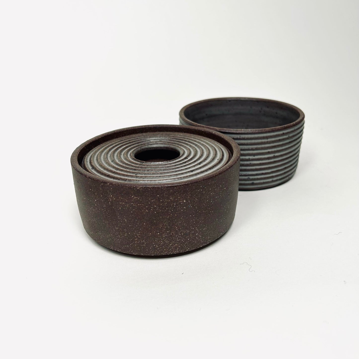 Two-Tiered Cylindrical Ribbed Lidded Container in Greige