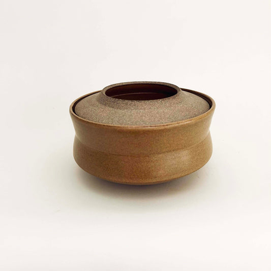Wide, Angular Lidded Vessel in Mustard Brown