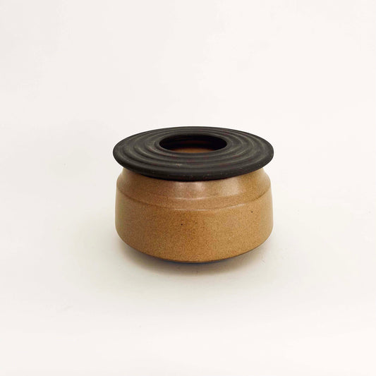 Angular Lidded Vessel w/ Ribbed Lid, Mustard Brown