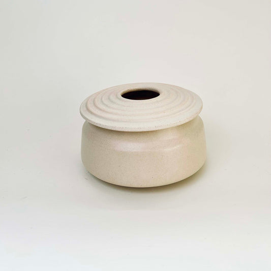 Angular Lidded Vessel w/ Ribbed Lid, Eggshell White
