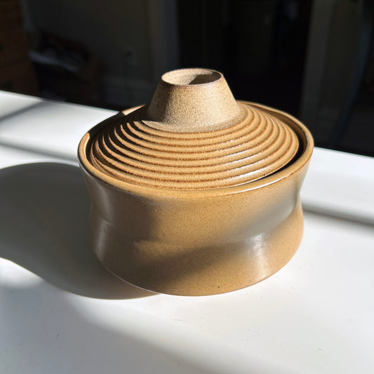 Angular Vessel w/ Ribbed Lid, Mustard Brown