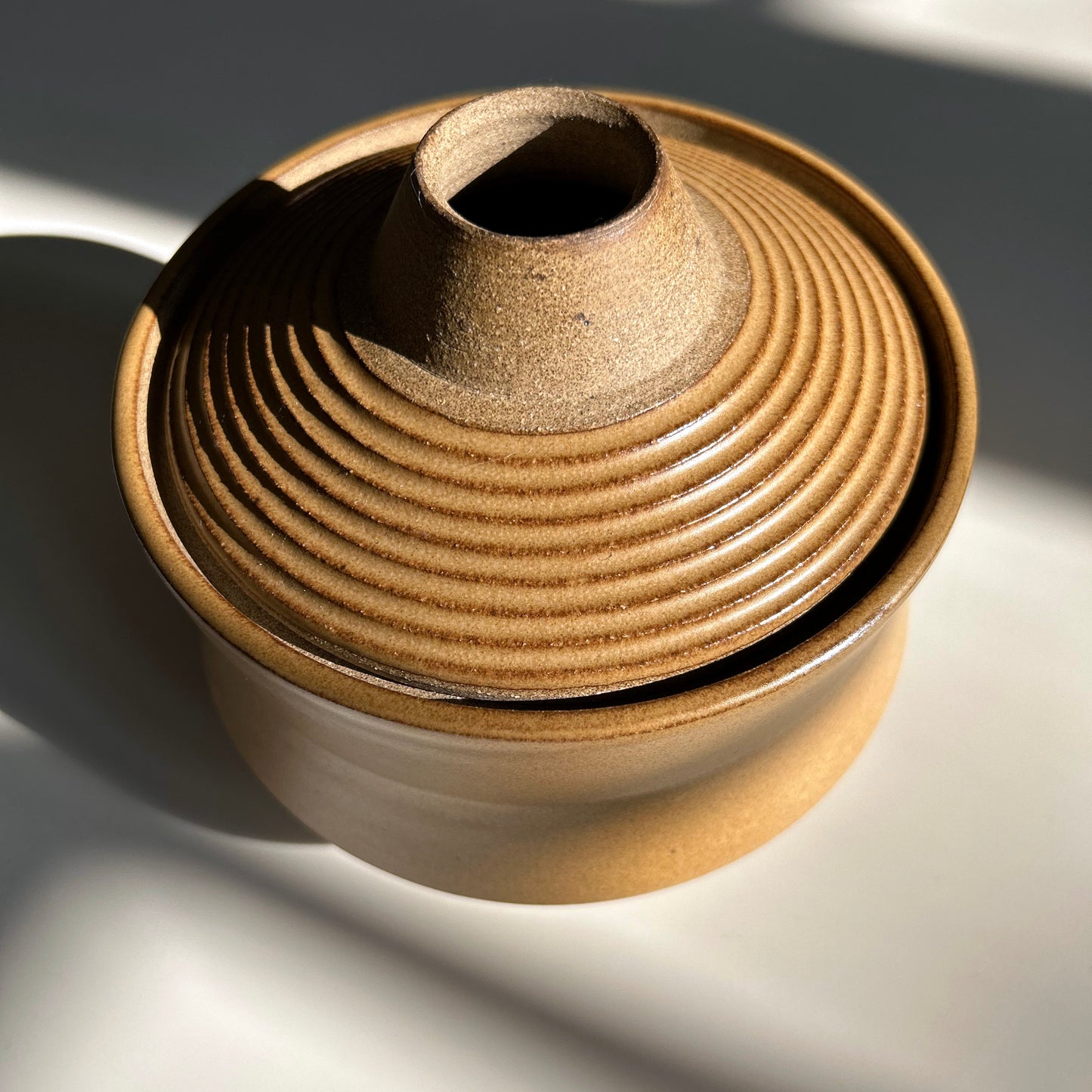 Angular Vessel w/ Ribbed Lid, Mustard Brown