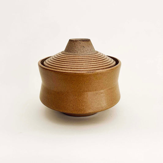 Angular Vessel w/ Ribbed Lid in Mustard Brown