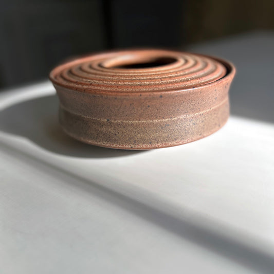 Wide, Angular Vessel w/ Ribbed Textured Lid, Rust