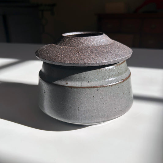 Angular Black Stoneware Lidded Vessel, Celadon