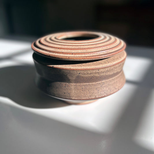 Large Angular Vessel w/ Ribbed Textured Lid, Rust