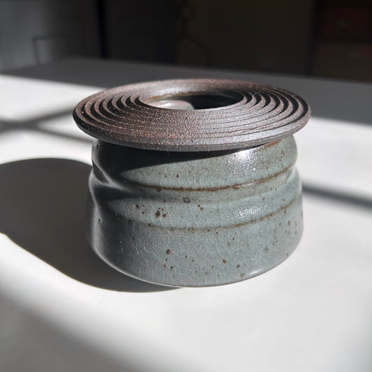 Wide, Angular Black Stoneware Lidded Vessel, Celadon