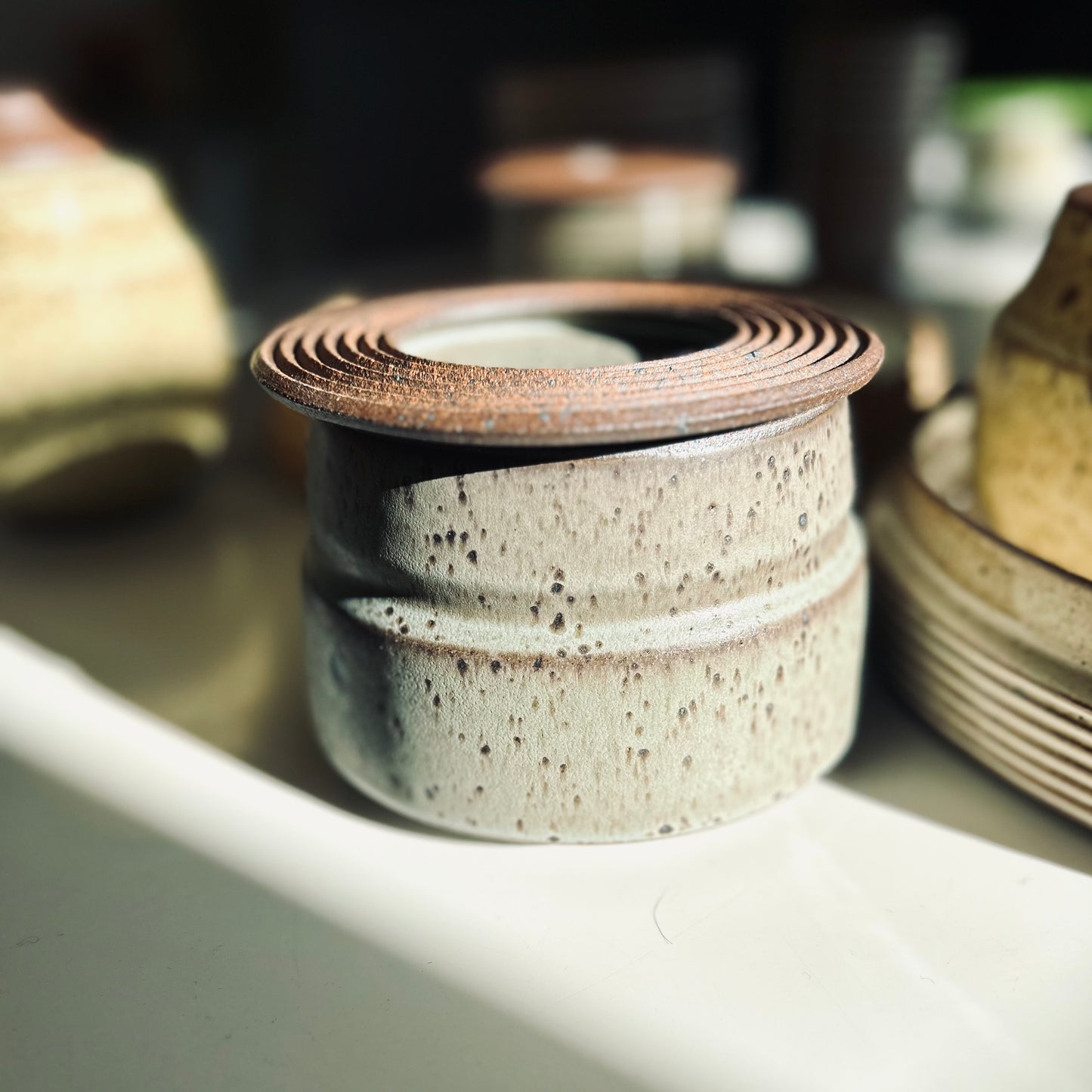 Wide Vessel w/ Textured Lid in Blue Fog
