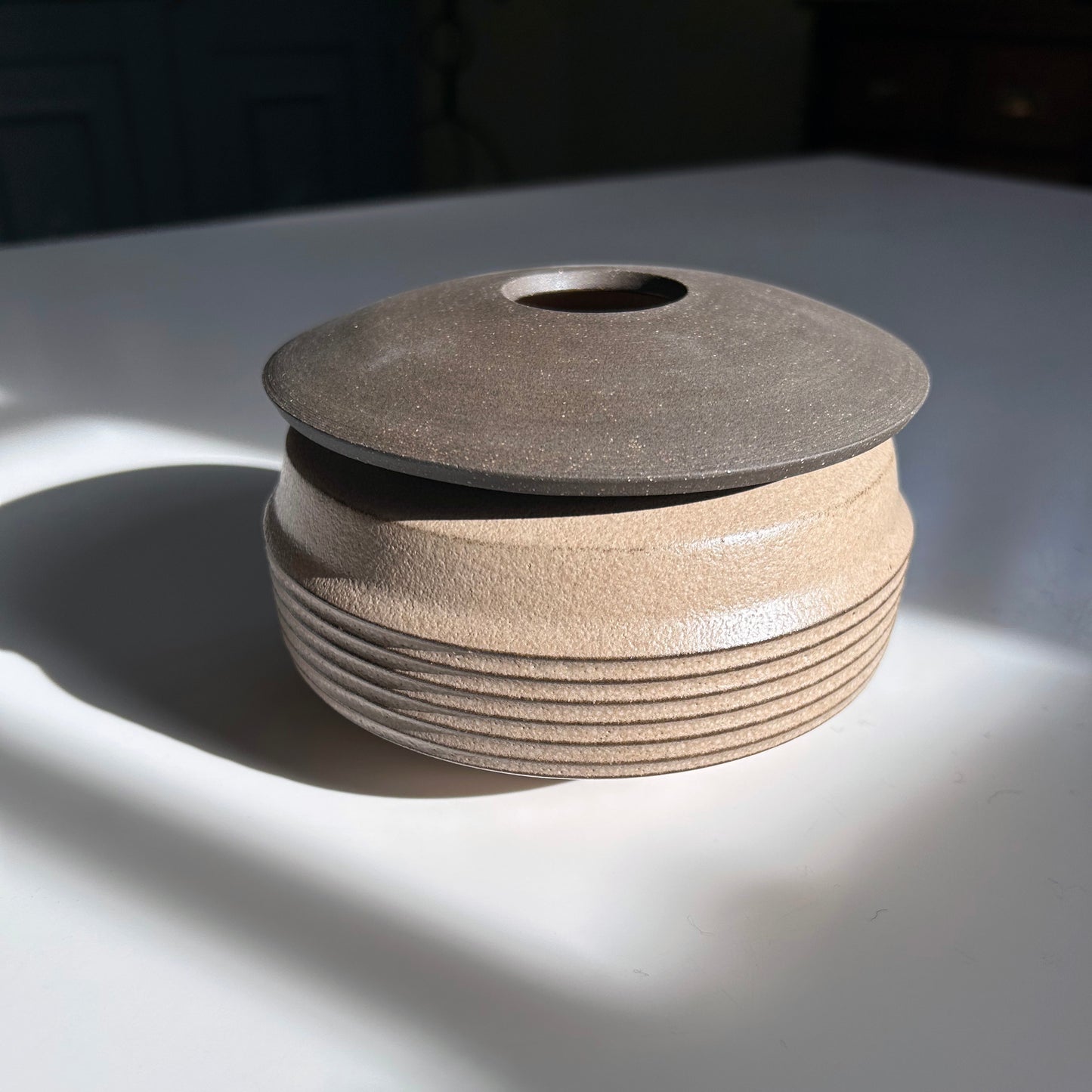 Wide, Cylindrical Vessel w/ Angular Lid, Taupe