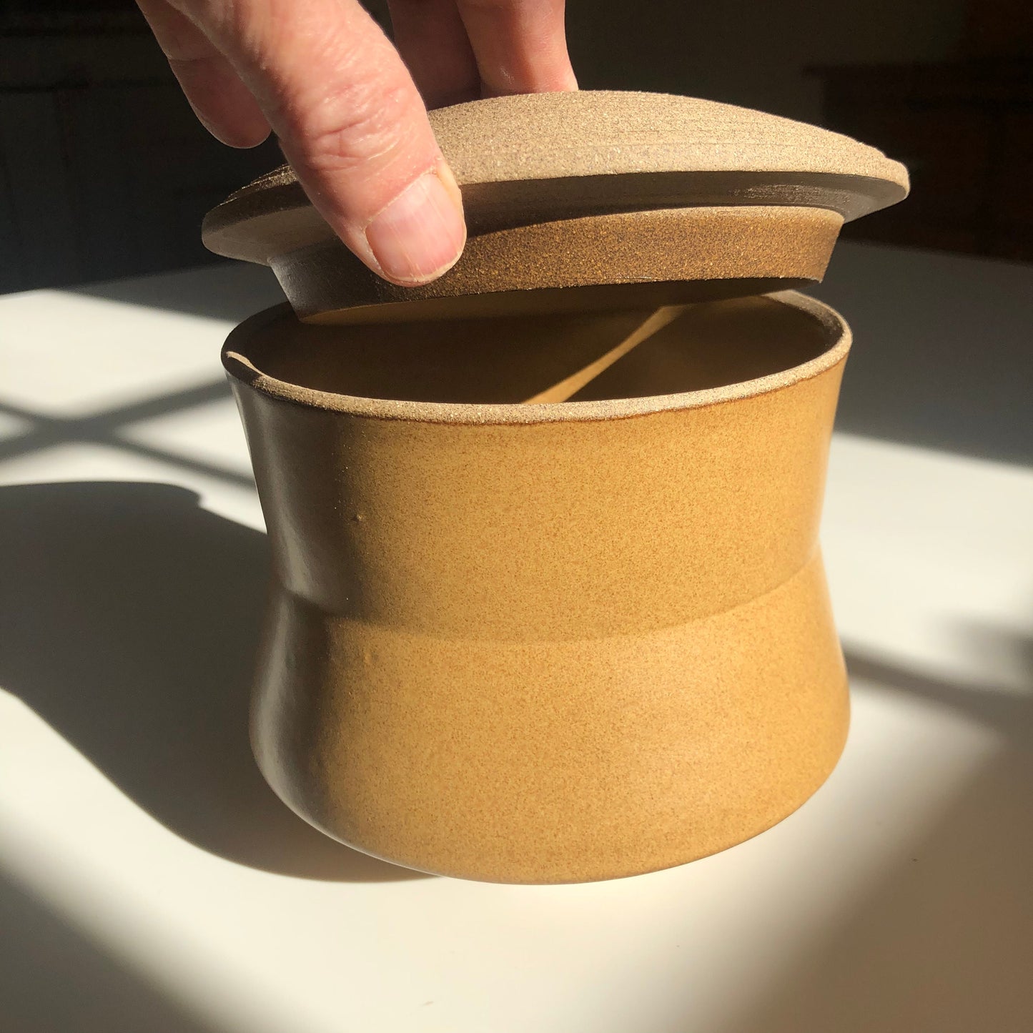 Angular Vessel w/ Linear textured Lid, Mustard Brown