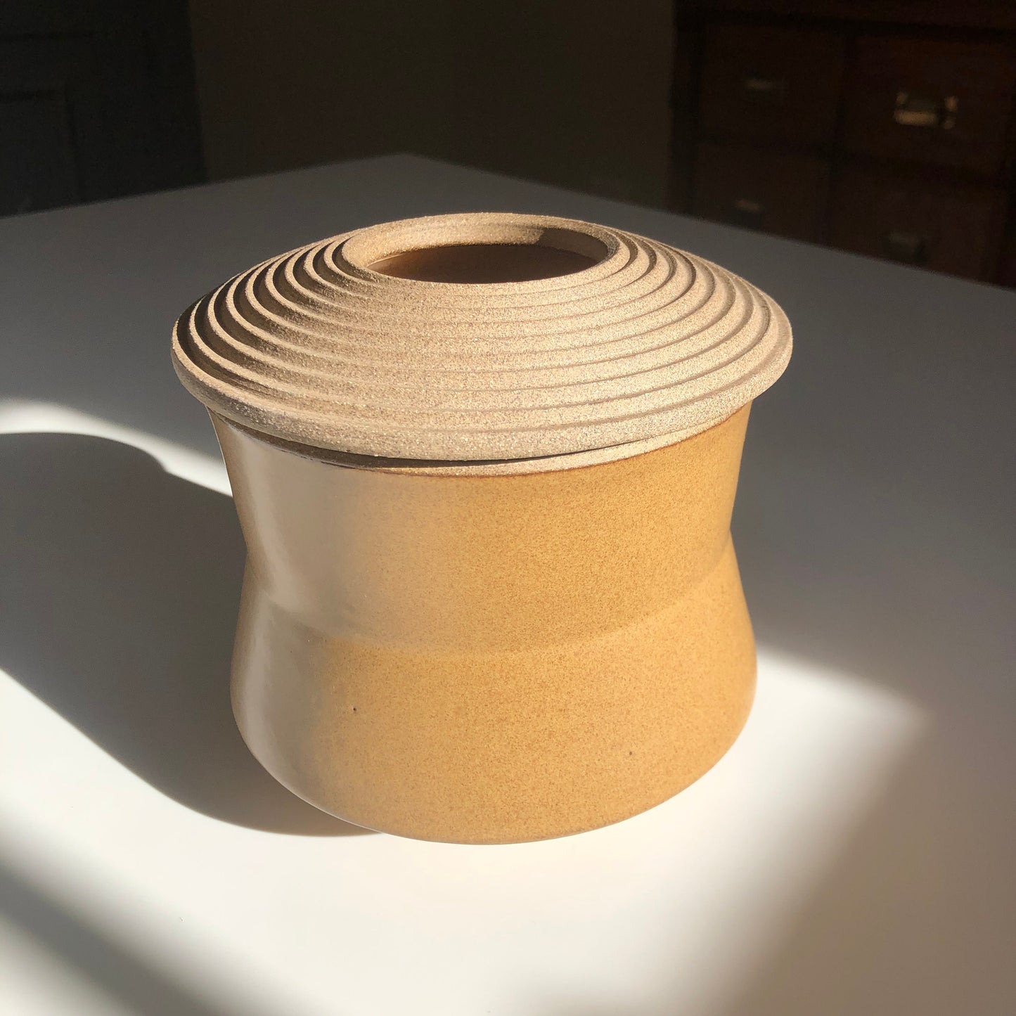 Angular Vessel w/ Linear textured Lid, Mustard Brown