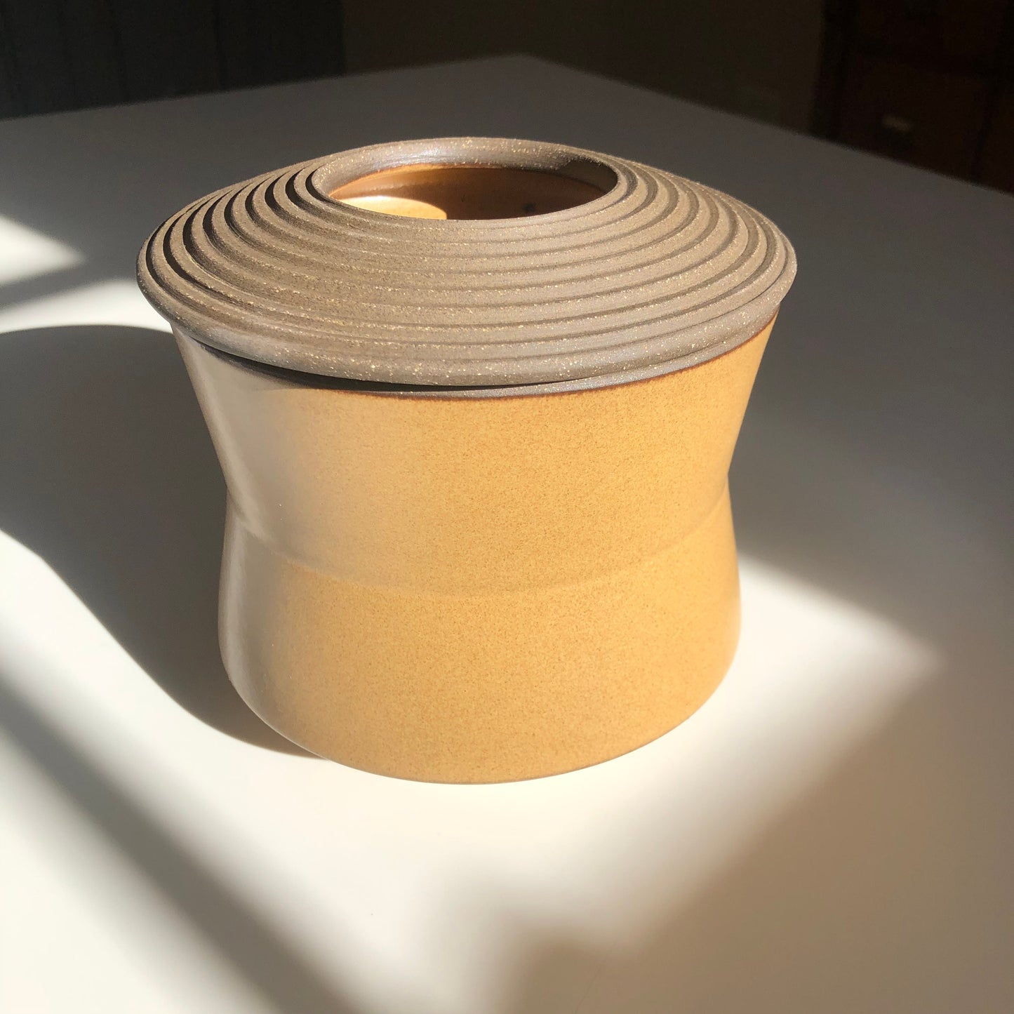 Angular Vessel w/ Linear textured Lid, Mustard Brown