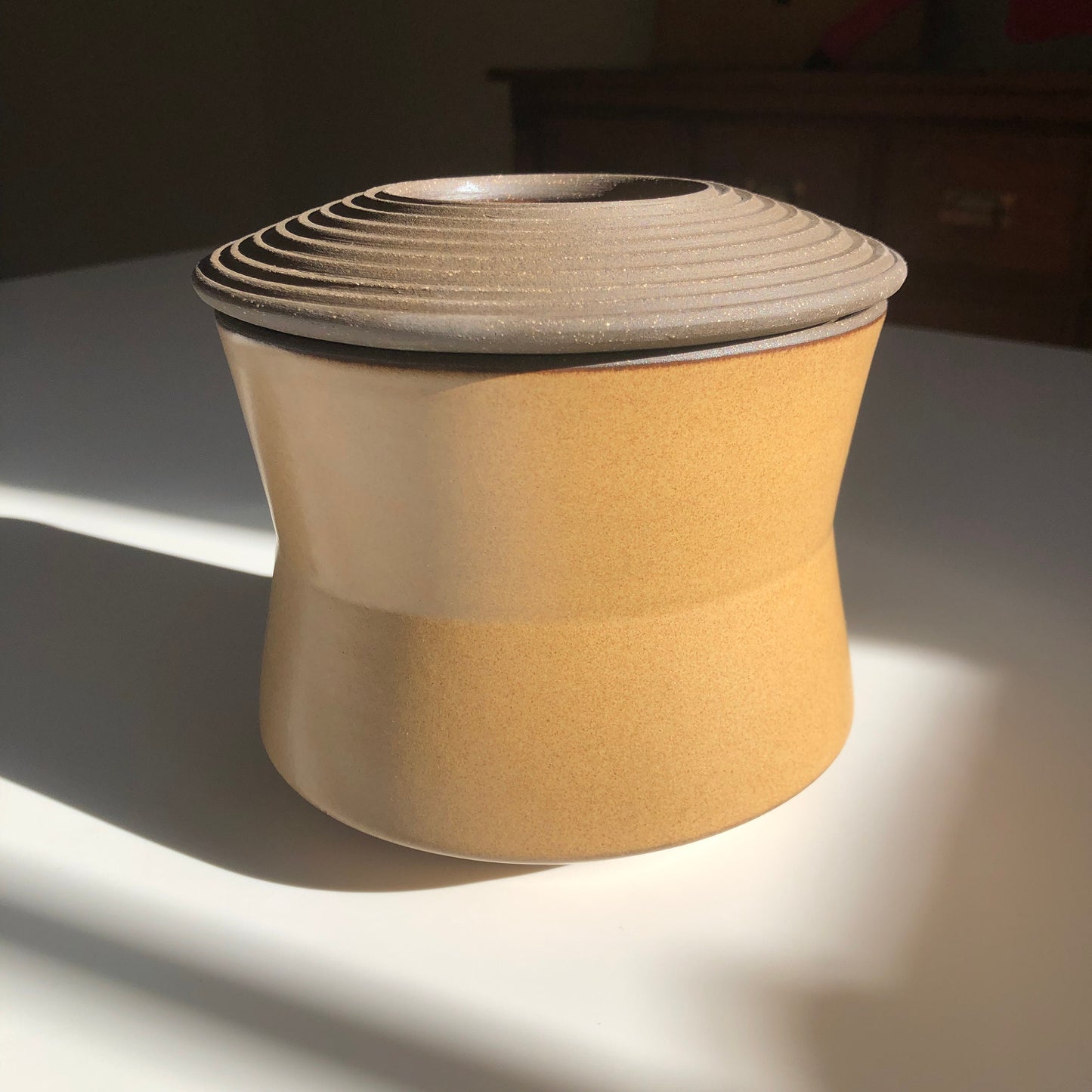 Angular Vessel w/ Linear textured Lid, Mustard Brown