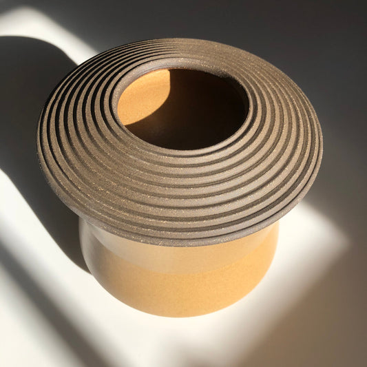 Angular Vessel w/ Linear textured Lid, Mustard Brown