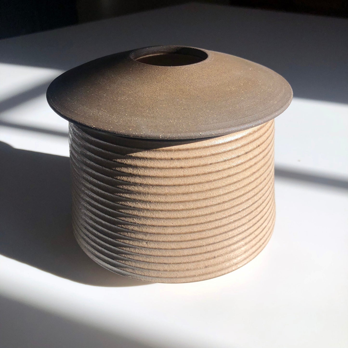 Cylindrical Textured Vessel w/ Angular Lid, Taupe