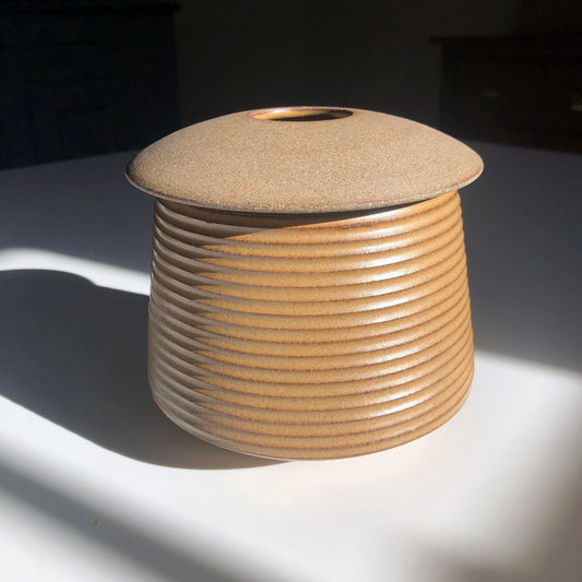 Cylindrical Textured Vessel w/ Angular Lid, Mustard Brown