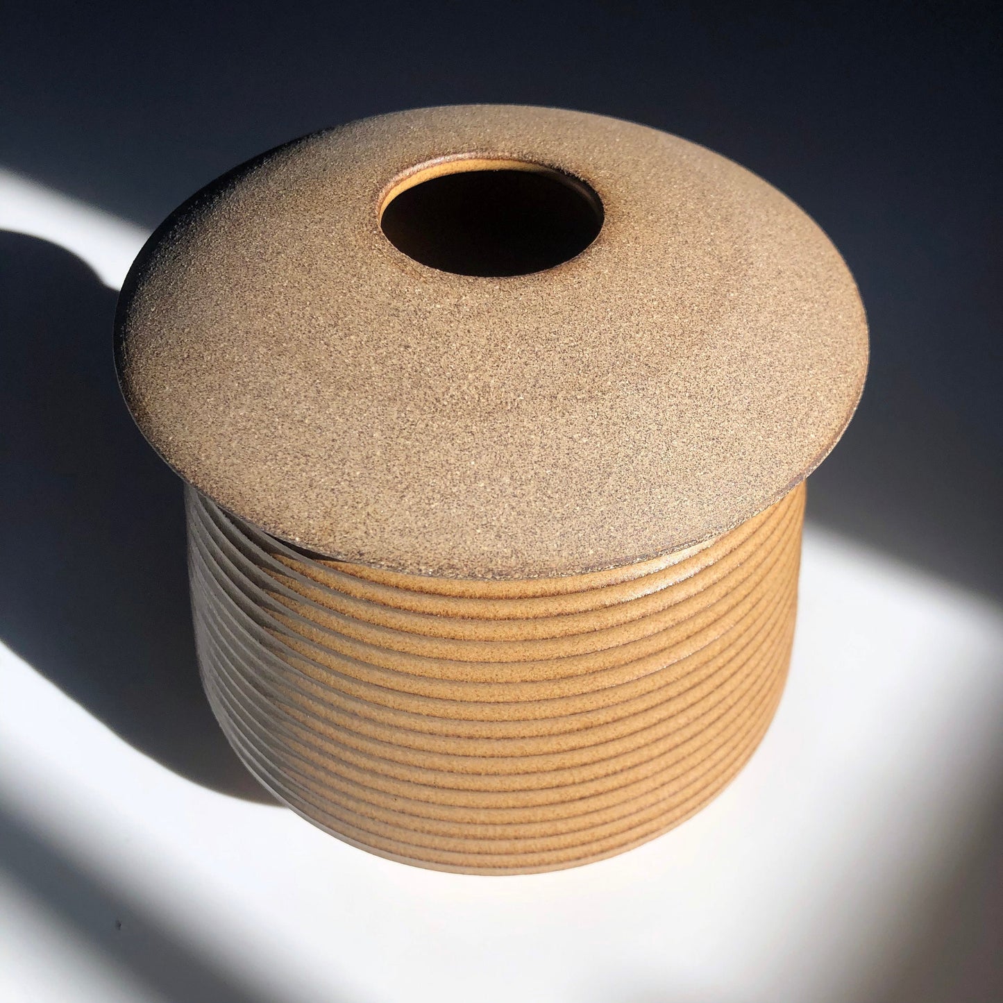 Cylindrical Textured Vessel w/ Angular Lid, Mustard Brown