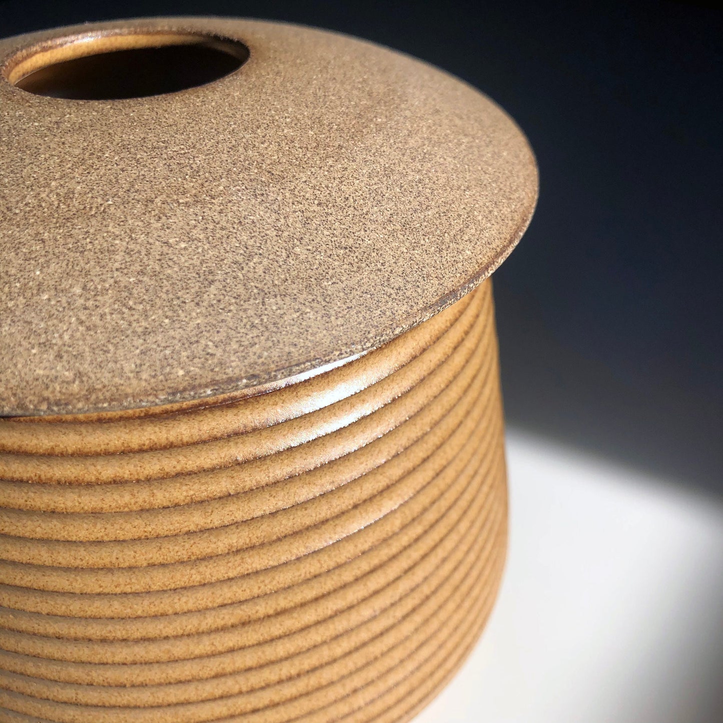 Cylindrical Textured Vessel w/ Angular Lid, Mustard Brown