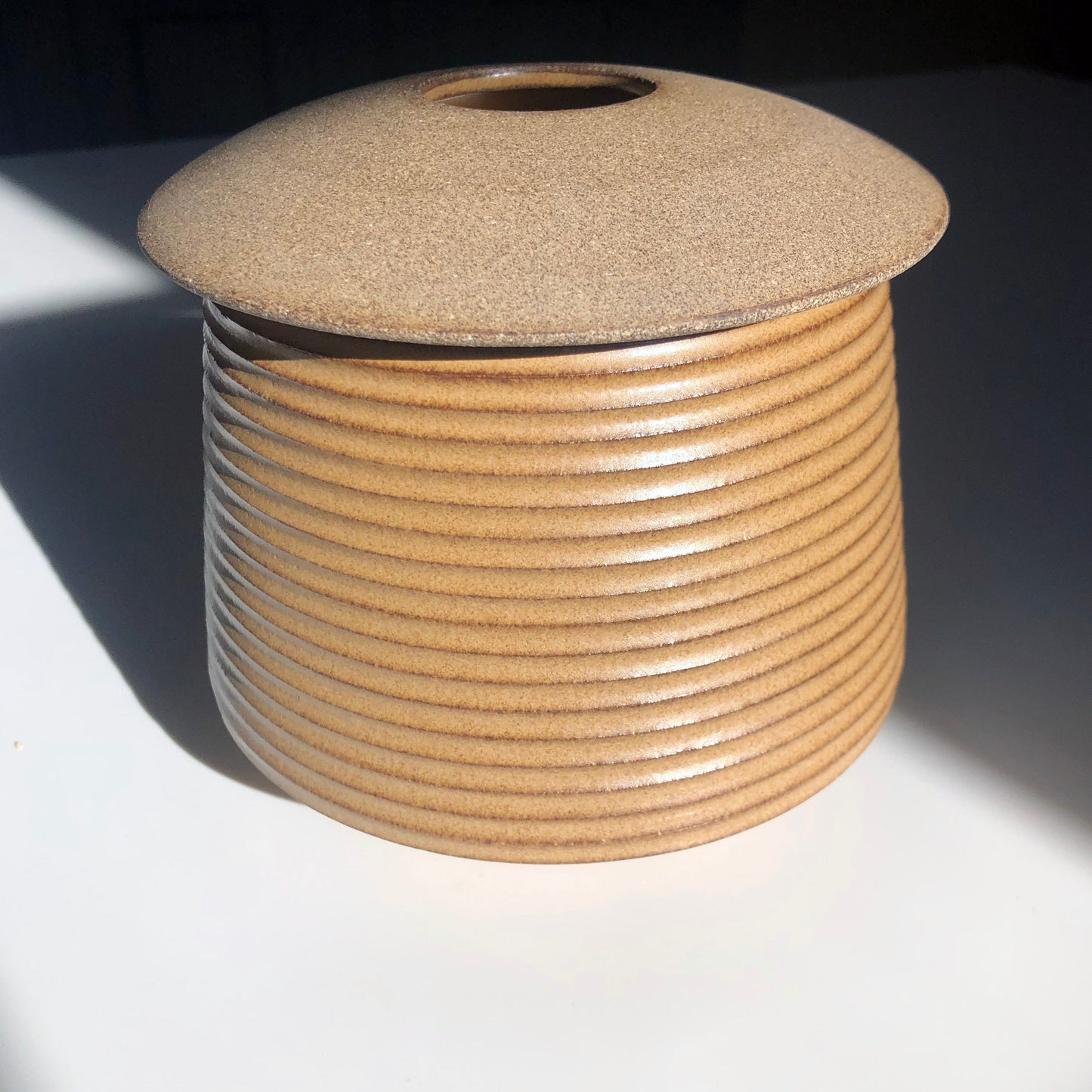 Cylindrical Textured Vessel w/ Angular Lid, Mustard Brown