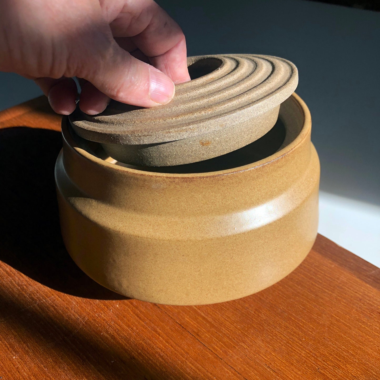 Angular Vessel w/ Ribbed Lid, Mustard Brown