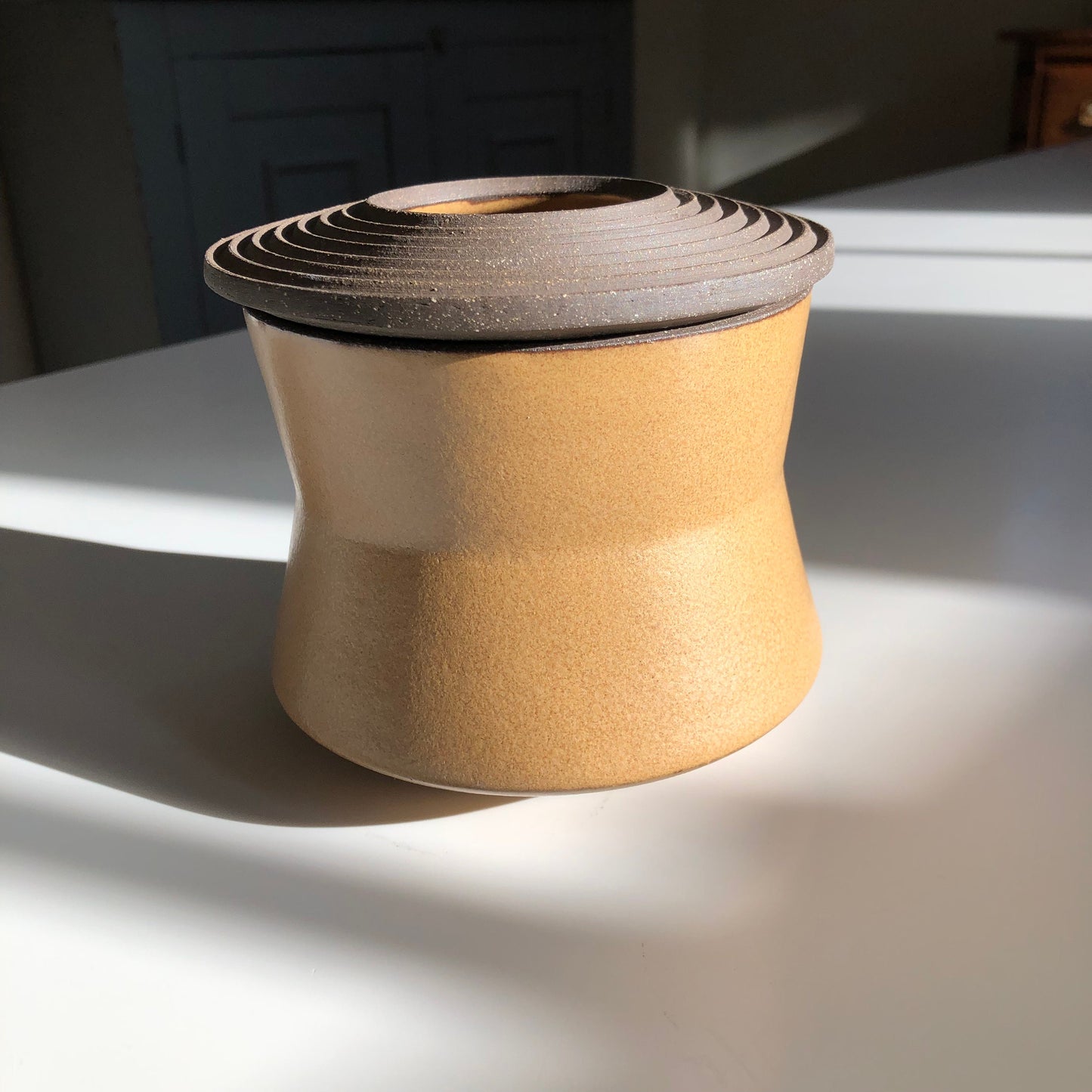 Angular Vessel w/ Linear Textured Lid, Mustard Brown