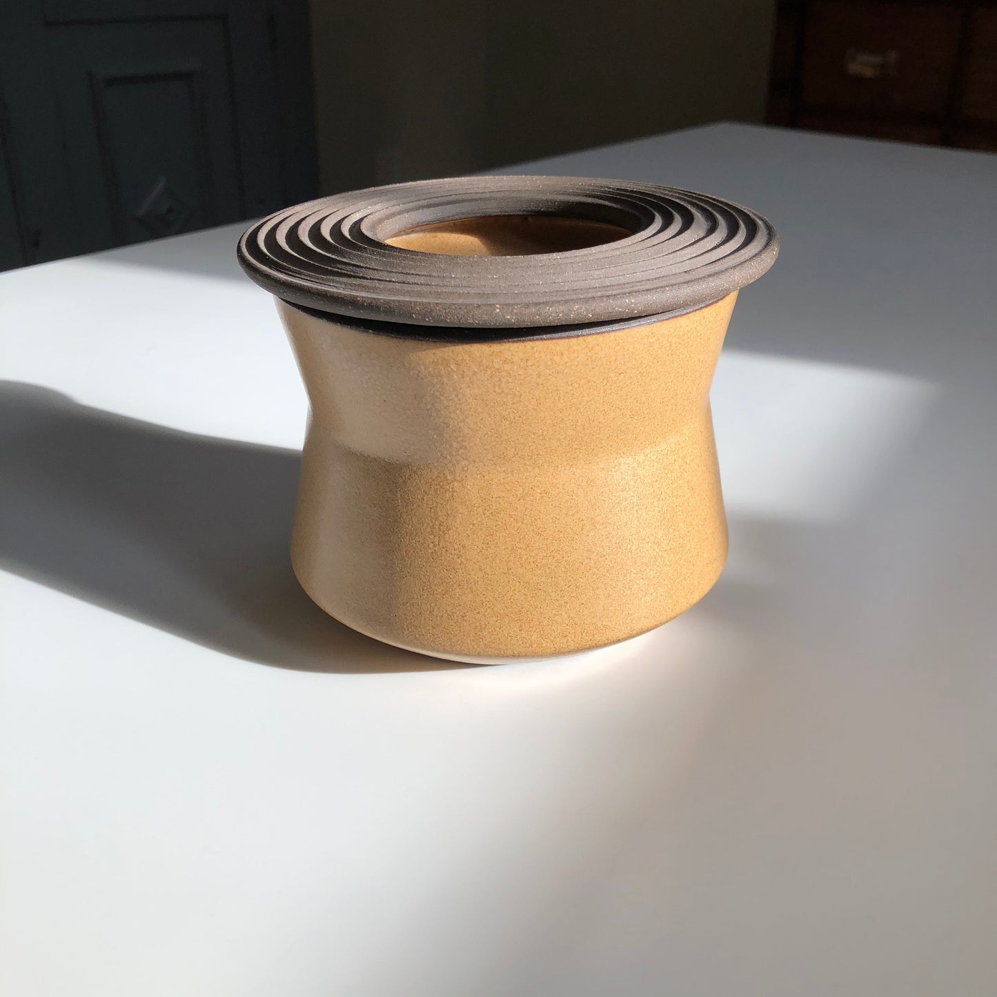 Angular Vessel w/ Linear Textured Lid, Mustard Brown