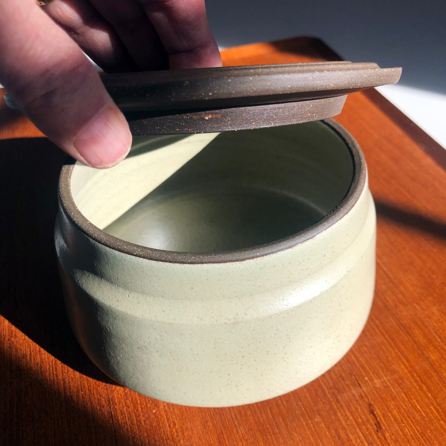 Angular Lidded Vessel w/ Unglazed Ribbed Lid, Sage Green