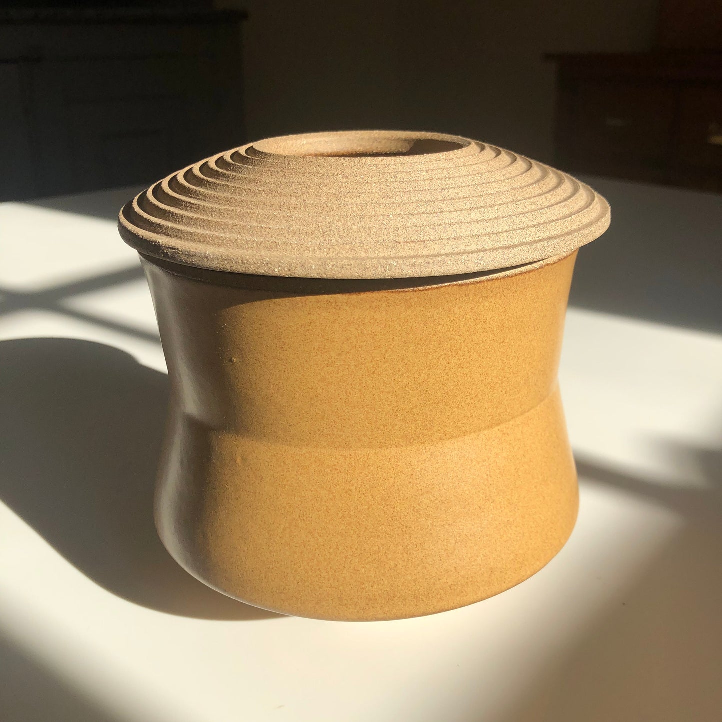 Angular Vessel w/ Linear textured Lid, Mustard Brown