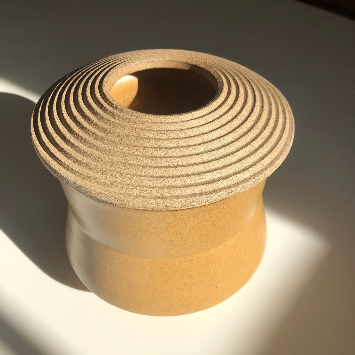 Angular Vessel w/ Linear textured Lid, Mustard Brown