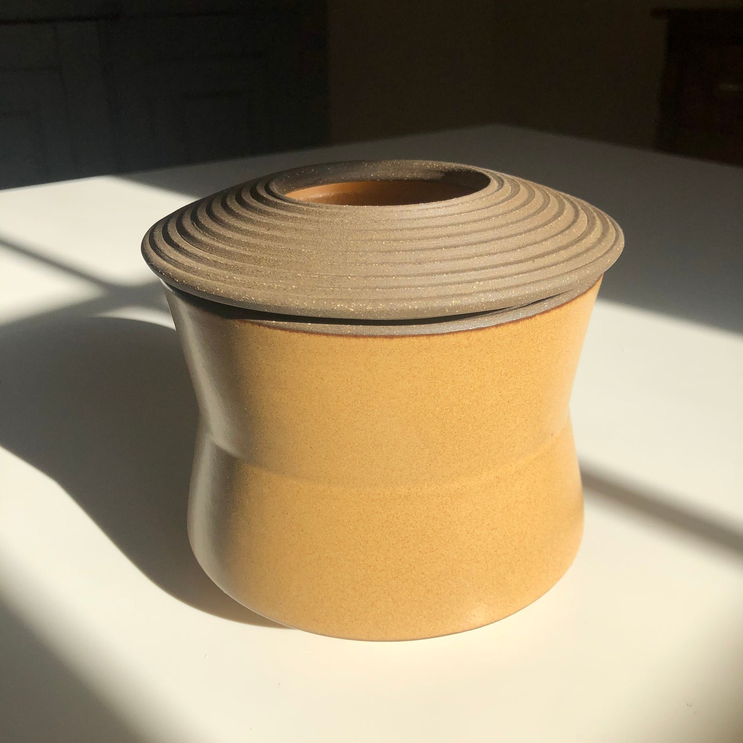 Angular Vessel w/ Linear textured Lid, Mustard Brown