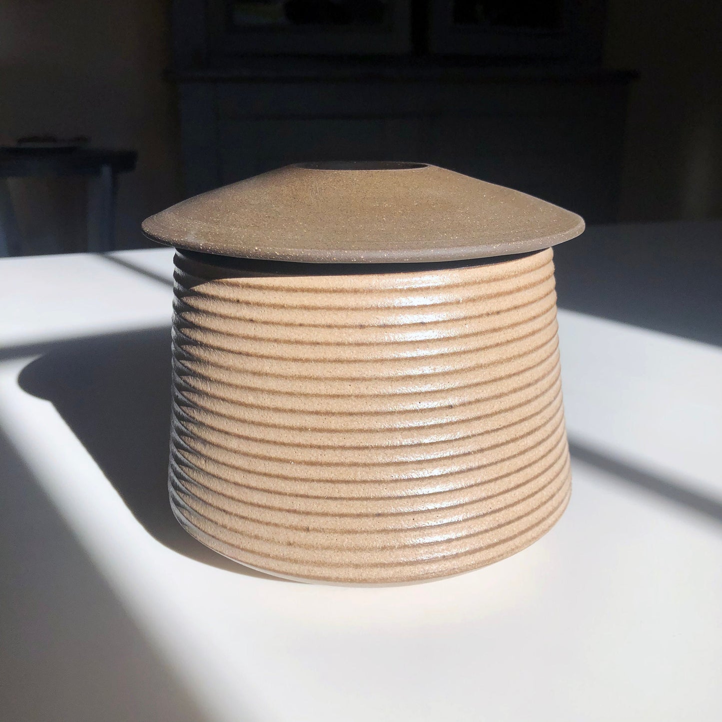 Cylindrical Textured Vessel w/ Angular Lid, Taupe