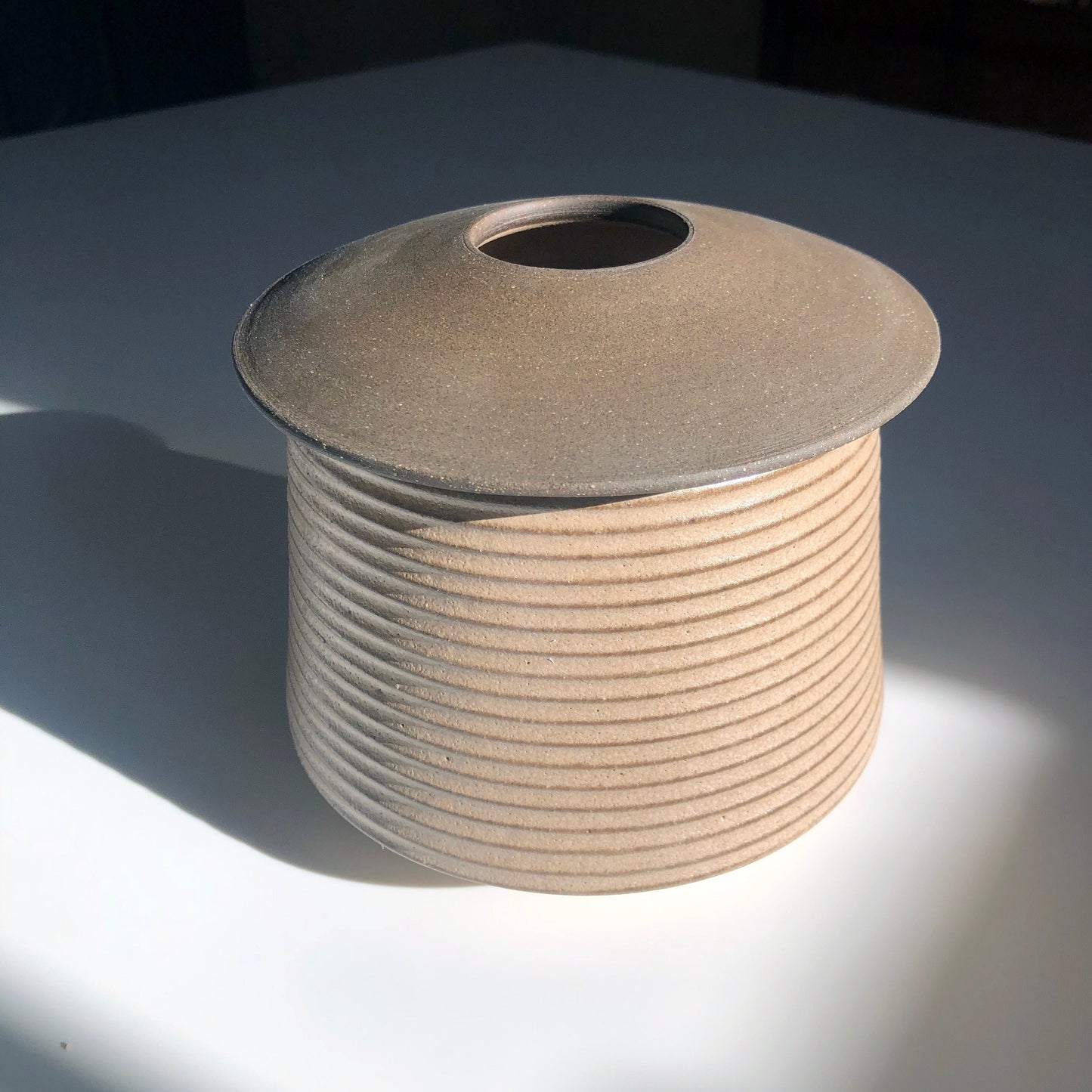 Cylindrical Textured Vessel w/ Angular Lid, Taupe