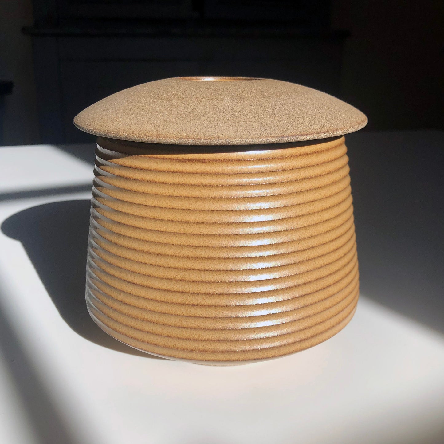 Cylindrical Textured Vessel w/ Angular Lid, Mustard Brown