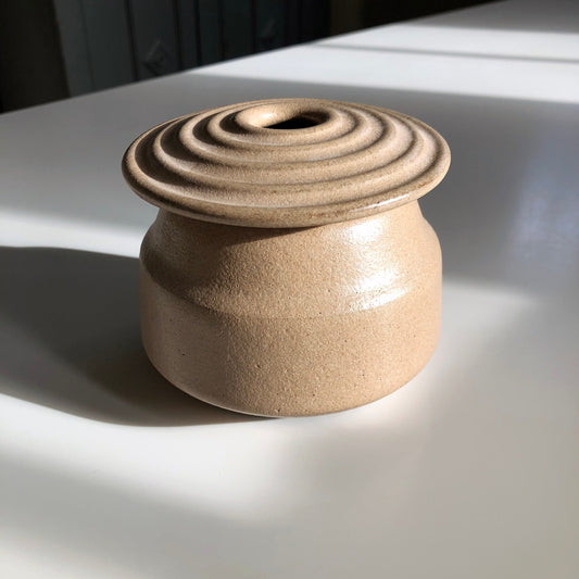 Angular Vessel w/ Ribbed Lid, Taupe