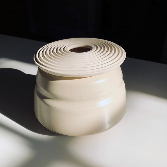 Angular Vessel w/ Linear Textured Lid, Eggshell