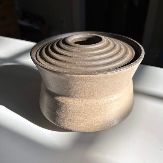 Angular Vessel w/ Ribbed Lid, Taupe