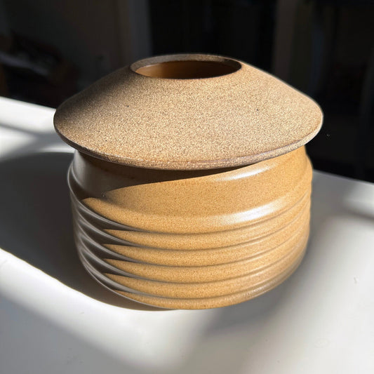 Ribbed Vessel w/ Angular Lid, Mustard Brown