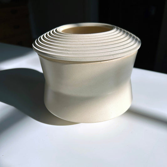 Angular Vessel w/ Linear Textured Lid, Eggshell White