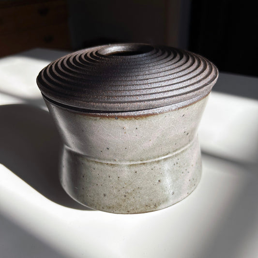 Angular Black Stoneware Vessel w/ Linear Textured Lid, Celadon